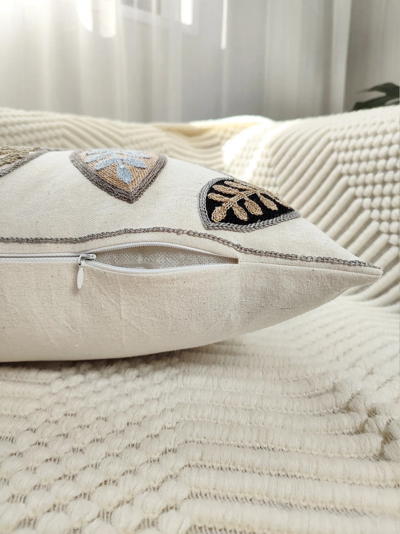 Leaf Embroidered Throw Pillow Cover – Canvas Cushion Cover for Boho Home Decor