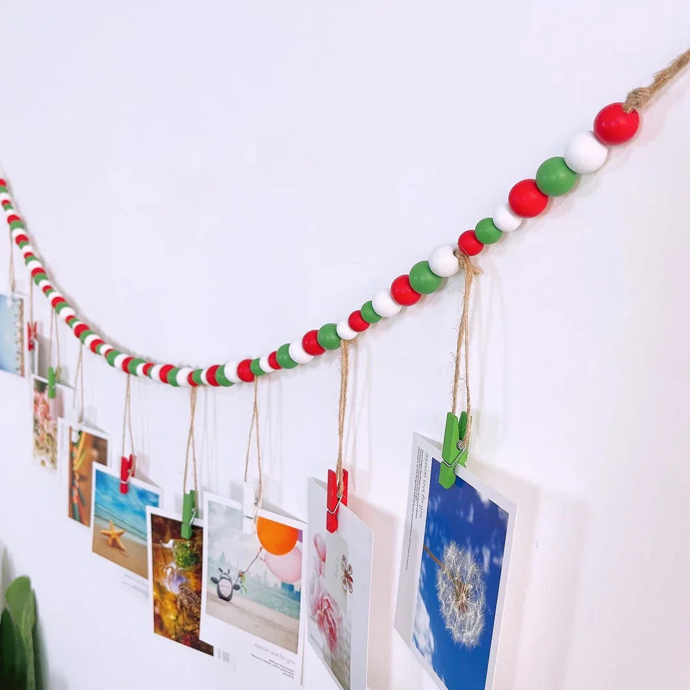 Boho Wall Hanging Photo Display with Wooden Beads & Clips