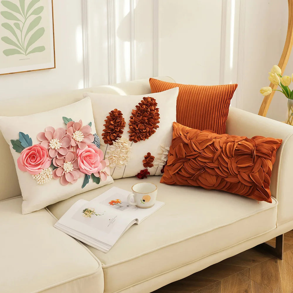 French Style Embroidered Patchwork Pillow Cover – Floral Cushion for Sofa, Bed & Living Room Decor