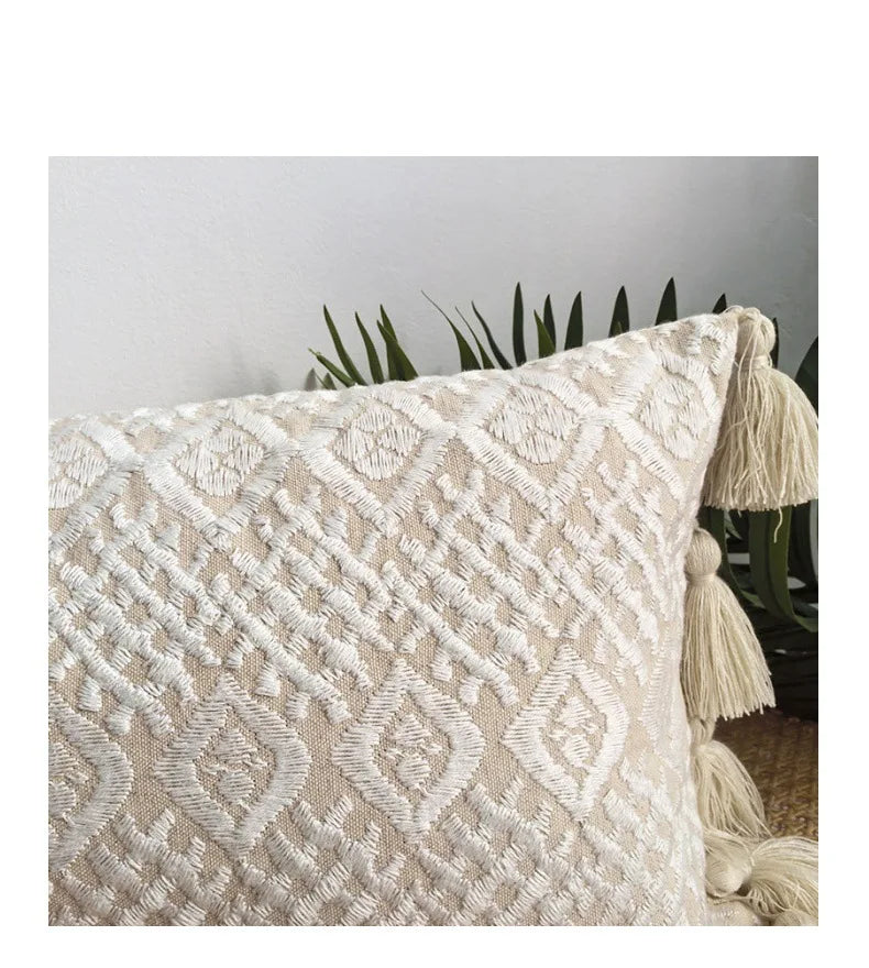 Bohemian Embroidered Cotton Throw Pillow Cover – 18 x 18 or 12 x 24 inches – Decorative Cushion for Sofa, Bed, or Lounge