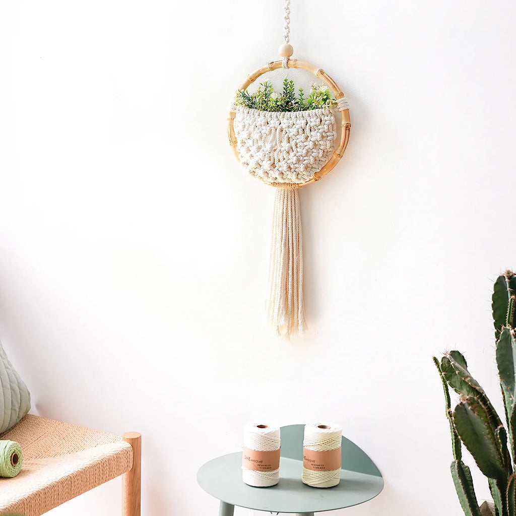 Boho Macrame Wall Hanging with Flower Pot Pocket – Handmade Nordic Round Wall Tapestry | Dorm Room & Home Decor
