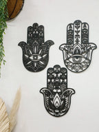Wooden Gothic Hamsa Hand Wall Hanging – Evil Eye Ornament for Boho Home Decor, Dorm, or Table Display