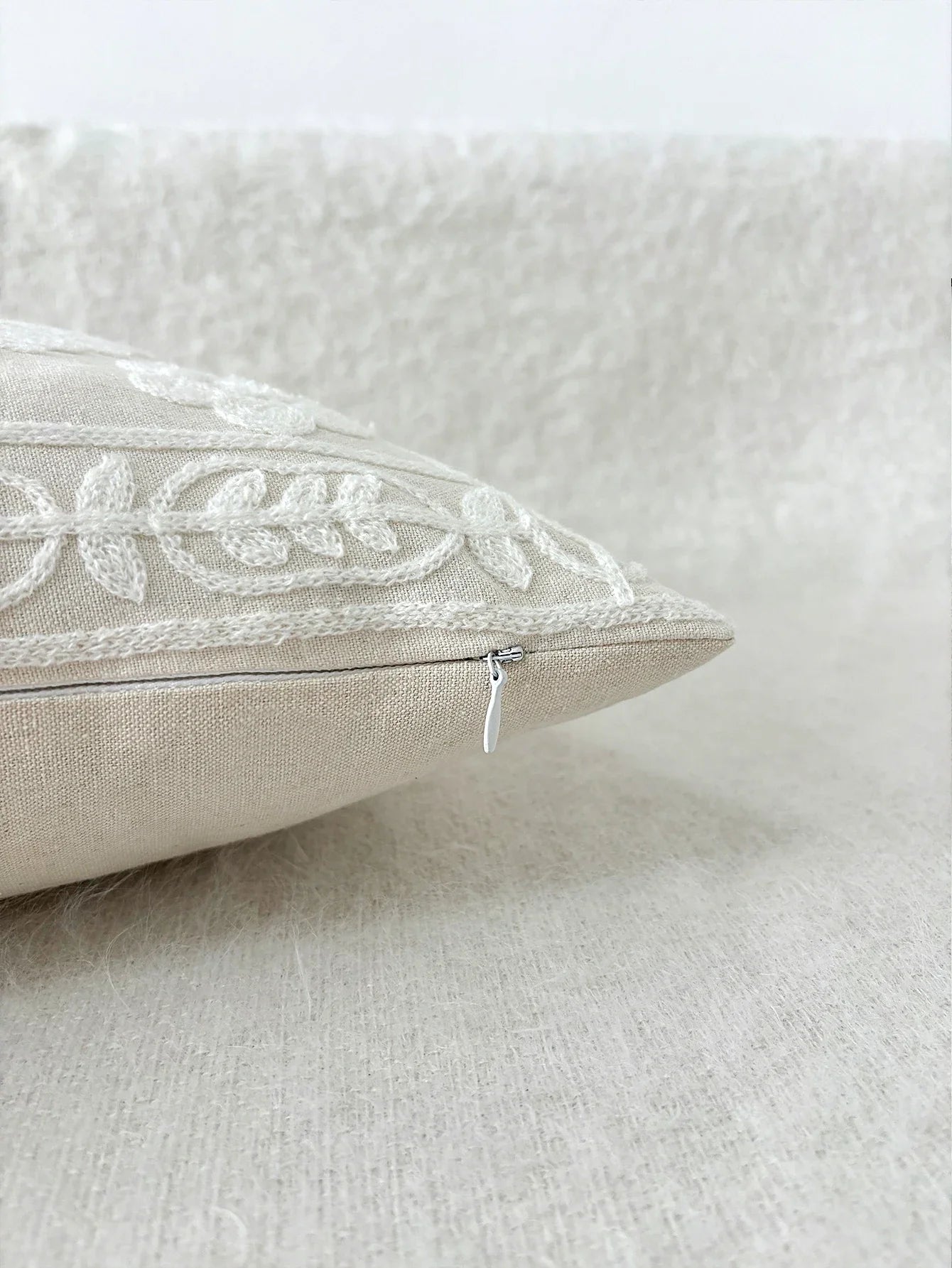 White French Floral Embroidered Pillow Cover – Elegant Boho Home Decor Accent
