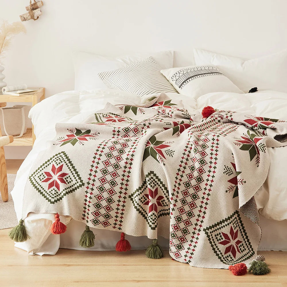 Bohemian Snowflake Fringed 100% Cotton Knit Throw Blanket