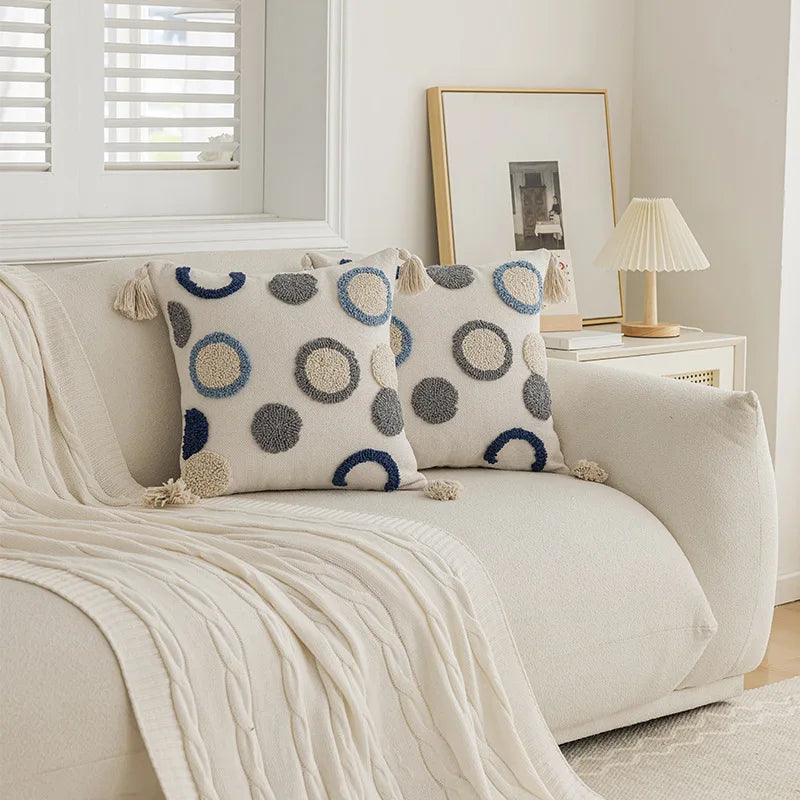 Nordic Tufted Cushion Cover – Geometric Stripe & Grid Crochet with Tassels for Sofa, Bed & Home Decor