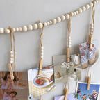 Boho Wall Hanging Photo Display with Wooden Beads & Clips