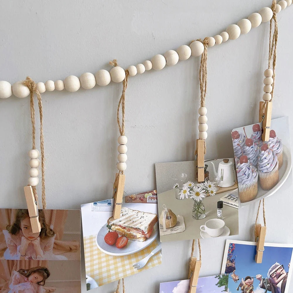 Boho Wall Hanging Photo Display with Wooden Beads & Clips