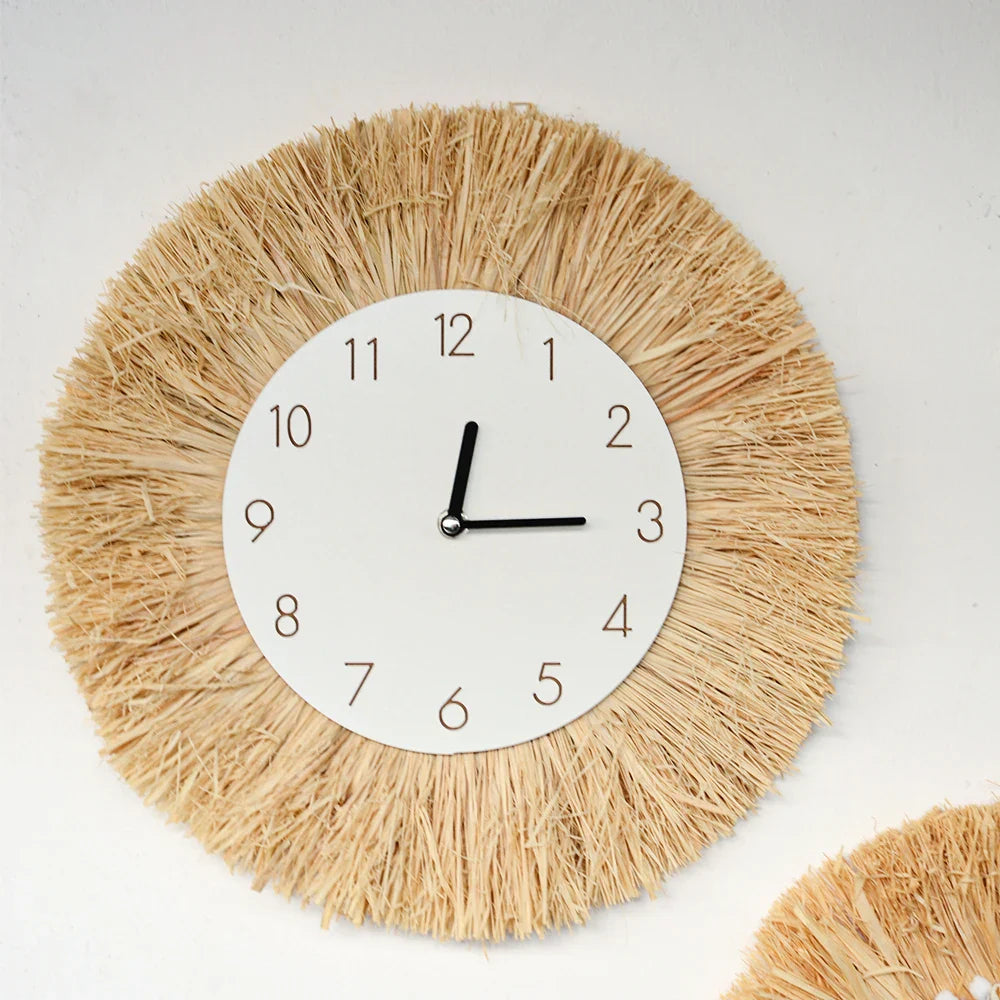 Boho Macrame Wall Art – Woven Straw & Cotton Rope Round Mirror, Clock & Wall Art| Nordic Wedding Decor & Boho Home Accent