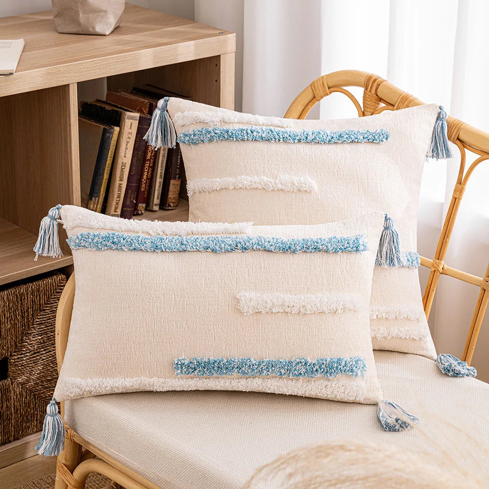 Tufted Bohemian Throw Pillow Cover – Geometric Embroidered Cushion with Tassels