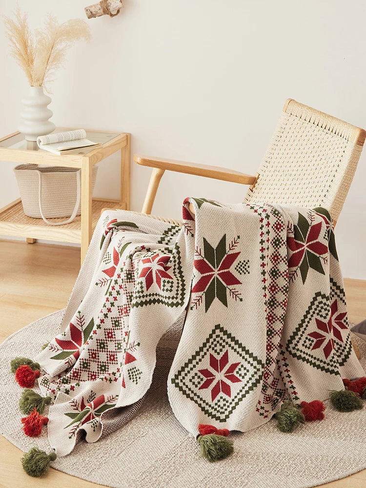 Bohemian Snowflake Fringed 100% Cotton Knit Throw Blanket