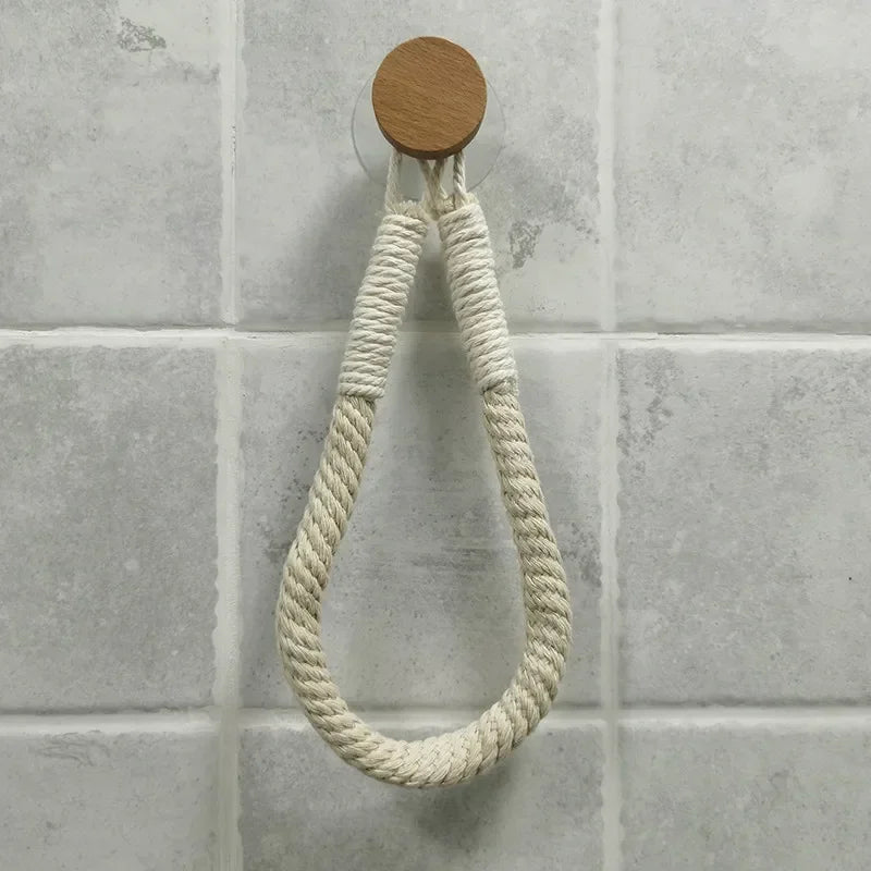 Boho Rope Toilet Paper Holder – Nail-Free Wall Mounted Handtowel Rack for Bathroom Storage & Decor