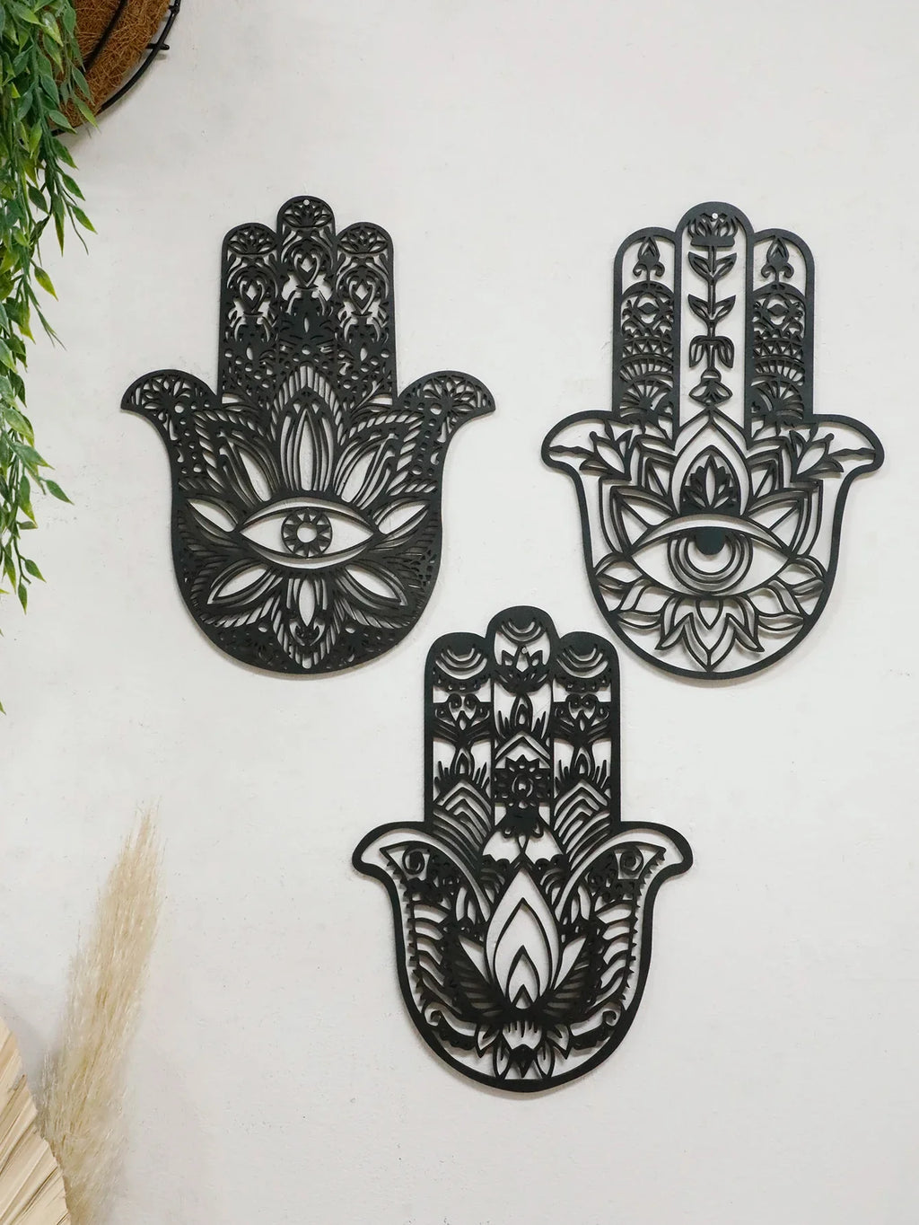 Wooden Gothic Hamsa Hand Wall Hanging – Evil Eye Ornament for Boho Home Decor, Dorm, or Table Display