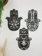 Wooden Gothic Hamsa Hand Wall Hanging – Evil Eye Ornament for Boho Home Decor, Dorm, or Table Display