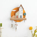 🏡 Fairytale Town Wall Hook Rack – Boho Wooden Key Holder & Decorative Village Scene Organizer