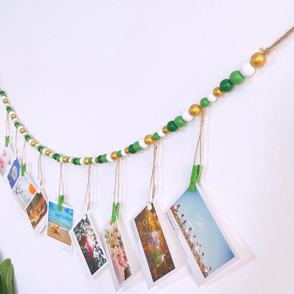 Boho Wall Hanging Photo Display with Wooden Beads & Clips