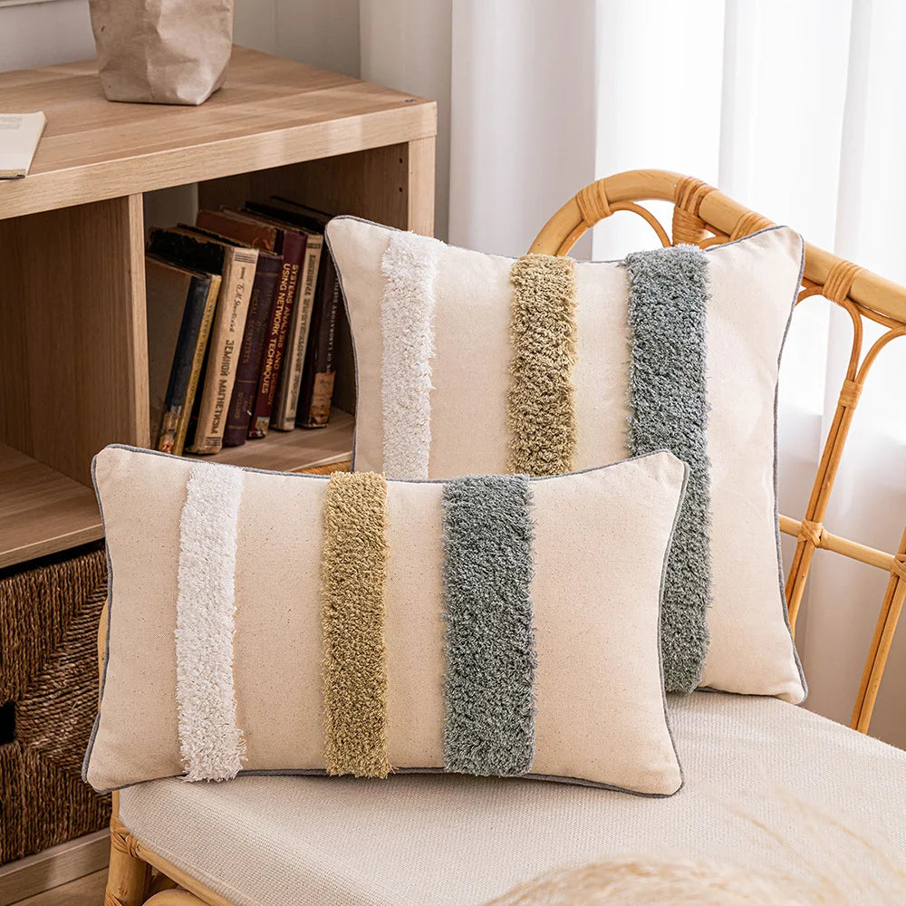 Tufted Bohemian Throw Pillow Cover – Geometric Embroidered Cushion with Tassels