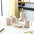 Ivory Porcelain & Gold-Plated Ceramic Bathroom Set – Pink Stripes