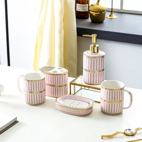 Ivory Porcelain & Gold-Plated Ceramic Bathroom Set – Striped Blue