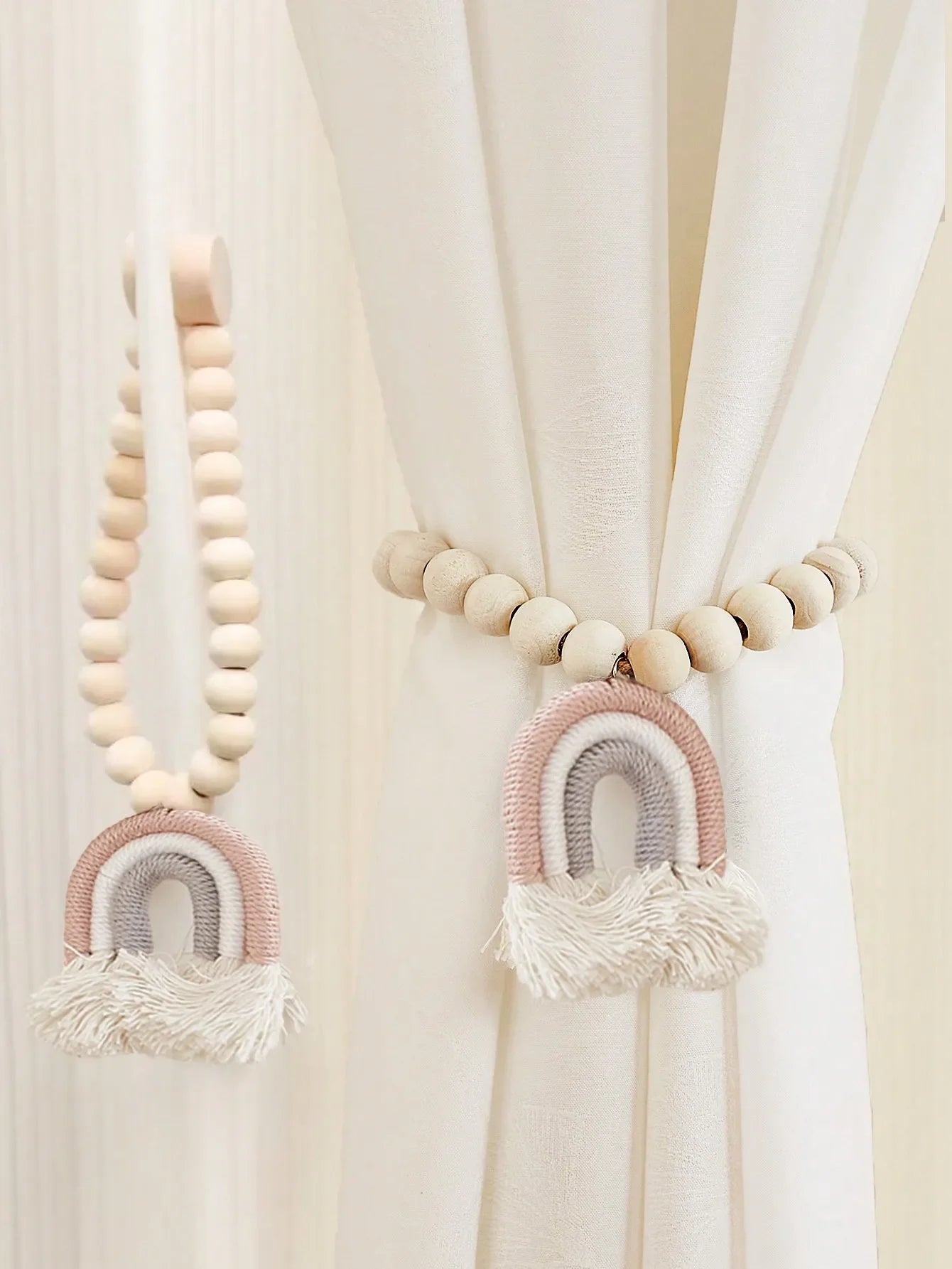 🌈 Magnetic Rainbow Curtain Tiebacks – Wooden Bead & Hemp Rope Holdbacks for Boho Home Decor