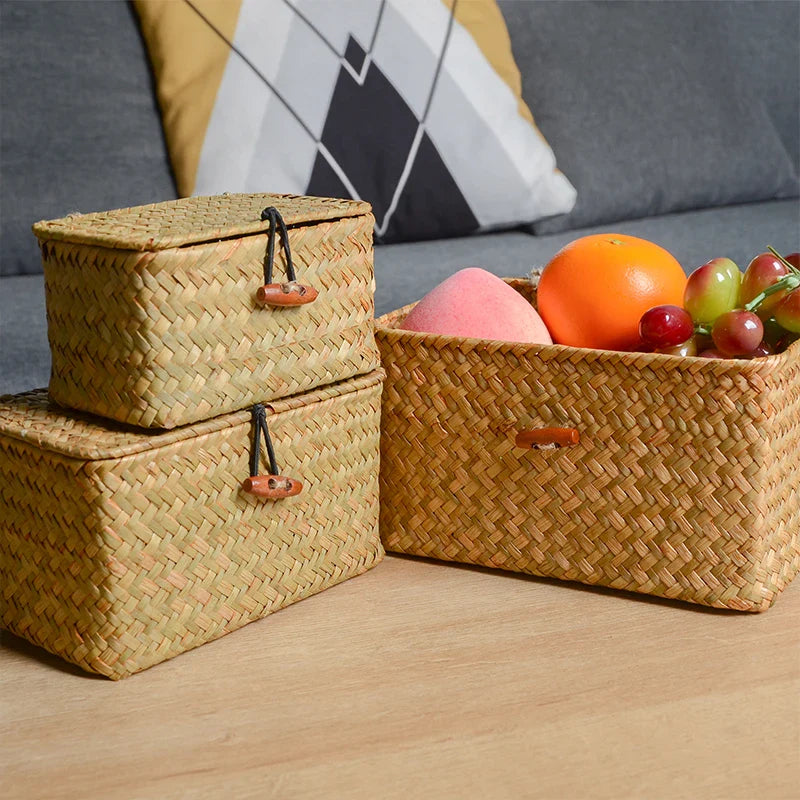 Handmade Seagrass Rattan Storage Box with Lid – Rectangular Woven Organizer Basket for Makeup, Office & Home Decor