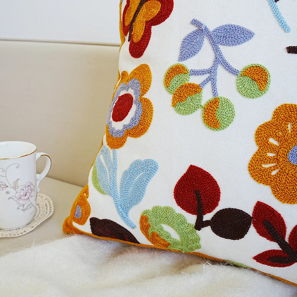 Boho Home Decor Floral Embroidered Pillow Cover – Square Decorative Cushion Case for Sofa & Home