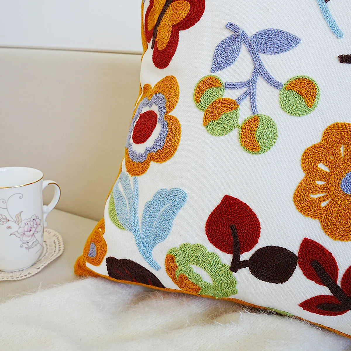 Boho Home Decor Floral Embroidered Pillow Cover – Square Decorative Cushion Case for Sofa & Home