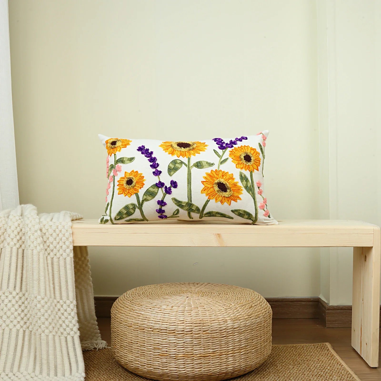 Sunflower & Lavender Embroidered Boho Throw Pillow Cover