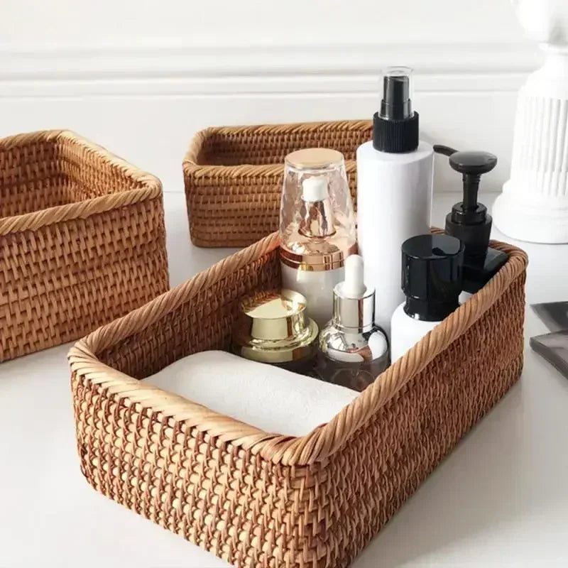 Handwoven Rectangular Rattan Basket – Boho Wicker Storage Bin for Fruit, Snacks, Tea, Bread, or Home Organization