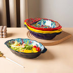 Bohemian Egg-Shaped Ceramic Baking Plate – 9" Colorful Oval Pasta, Salad & Fruit Dish