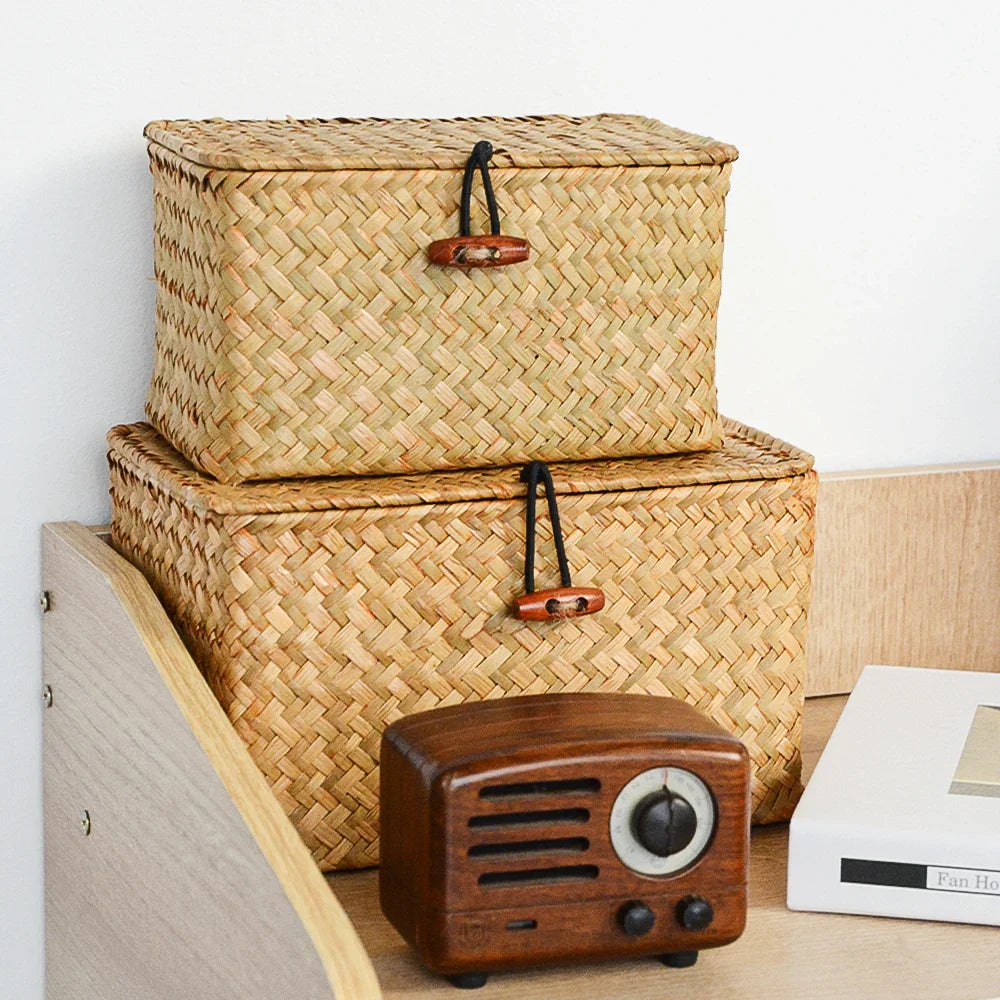 Handmade Seagrass Rattan Storage Box with Lid – Rectangular Woven Organizer Basket for Makeup, Office & Home Decor