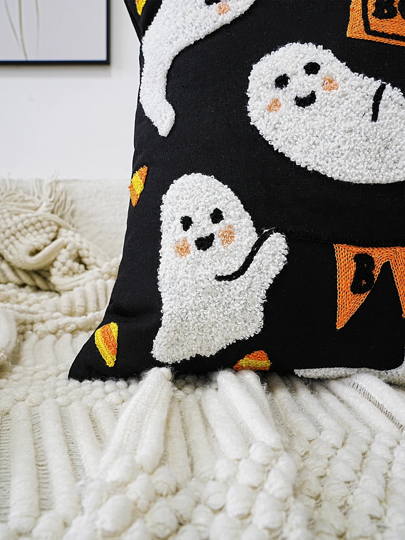 Halloween Ghost Embroidered Pillow Cover – Spooky Chic Accent for Sofa, Chair, or Bed
