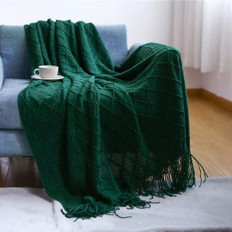 Soft Knit Boho Throw Blanket – Lightweight Acrylic Travel & Home Decor Accent with Fringe