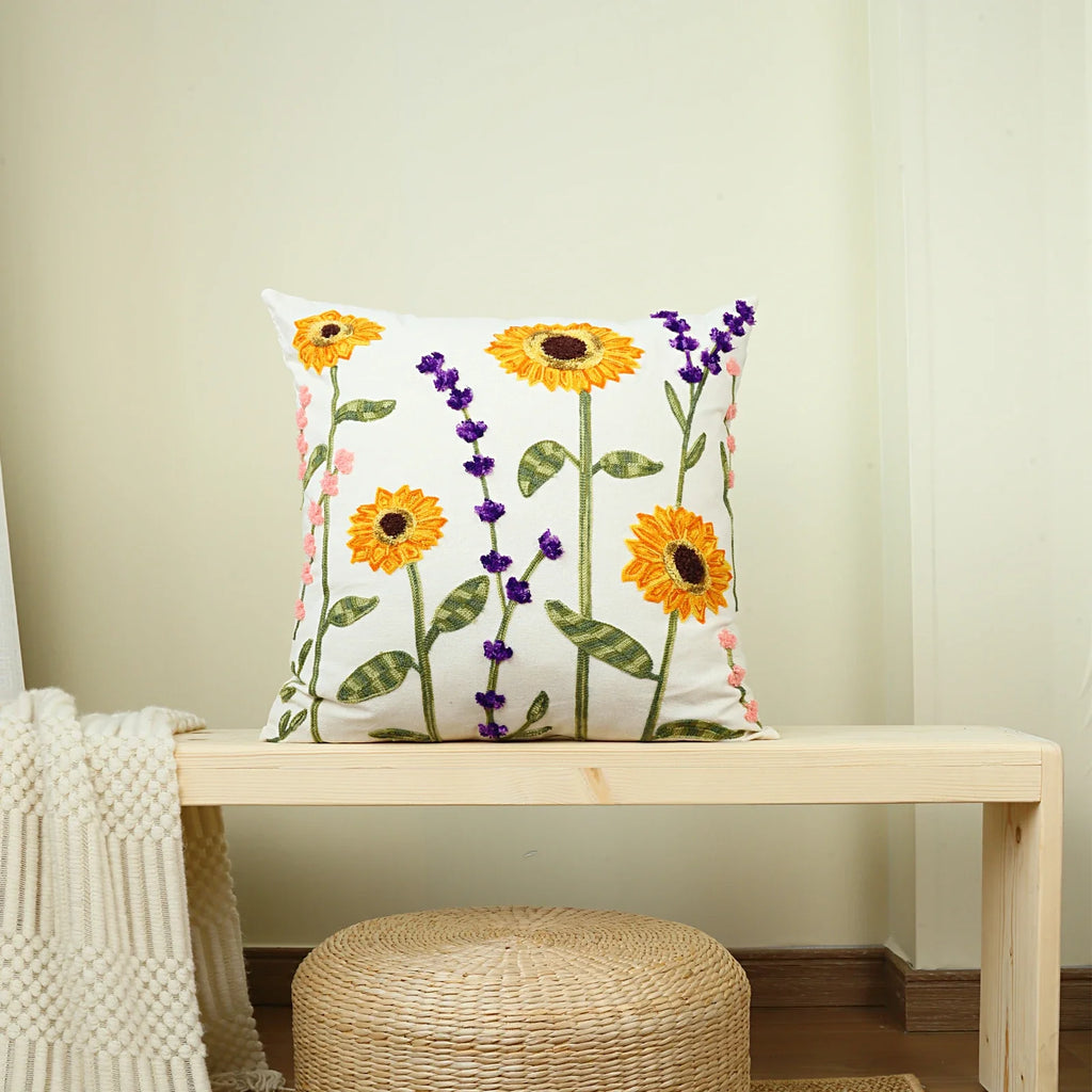 Sunflower & Lavender Embroidered Boho Throw Pillow Cover