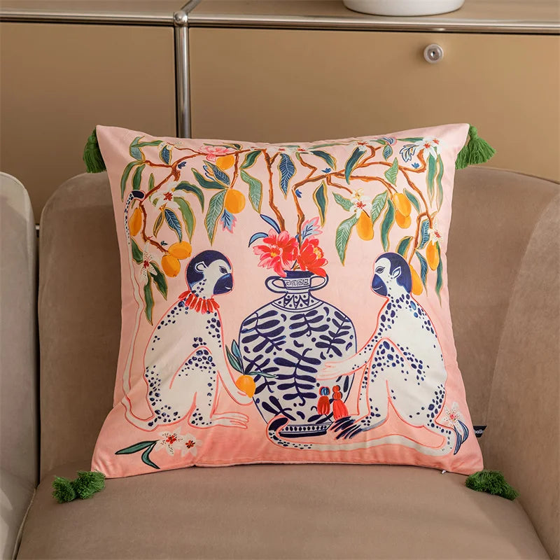 Vintage Velvet Animal Print Pillow Cover – Double-Sided Decorative Cushion for Boho & Eclectic Homes