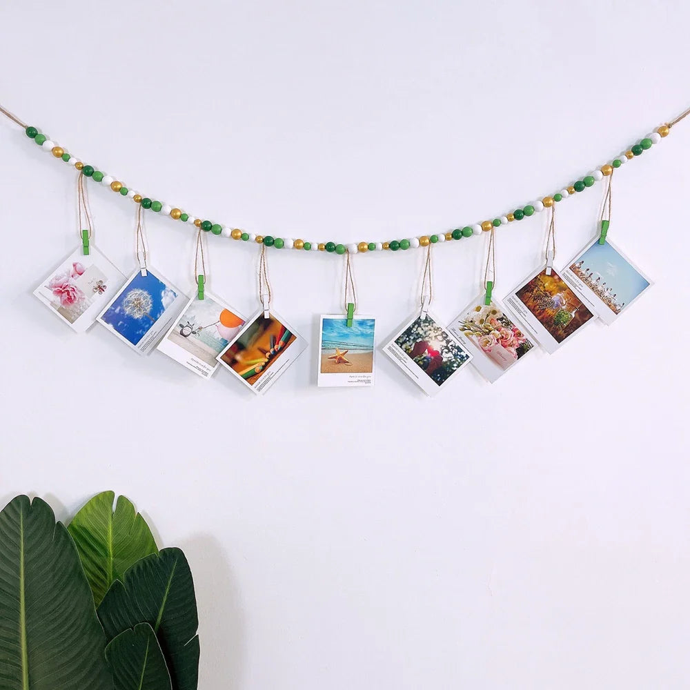 Boho Wall Hanging Photo Display with Wooden Beads & Clips