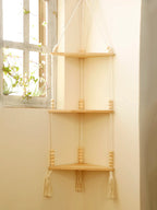 Boho Macrame Hanging Wooden Shelf – Handcrafted Floating Wall Shelf for Home Decor
