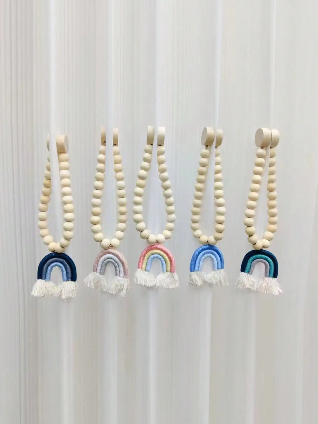 🌈 Magnetic Rainbow Curtain Tiebacks – Wooden Bead & Hemp Rope Holdbacks for Boho Home Decor
