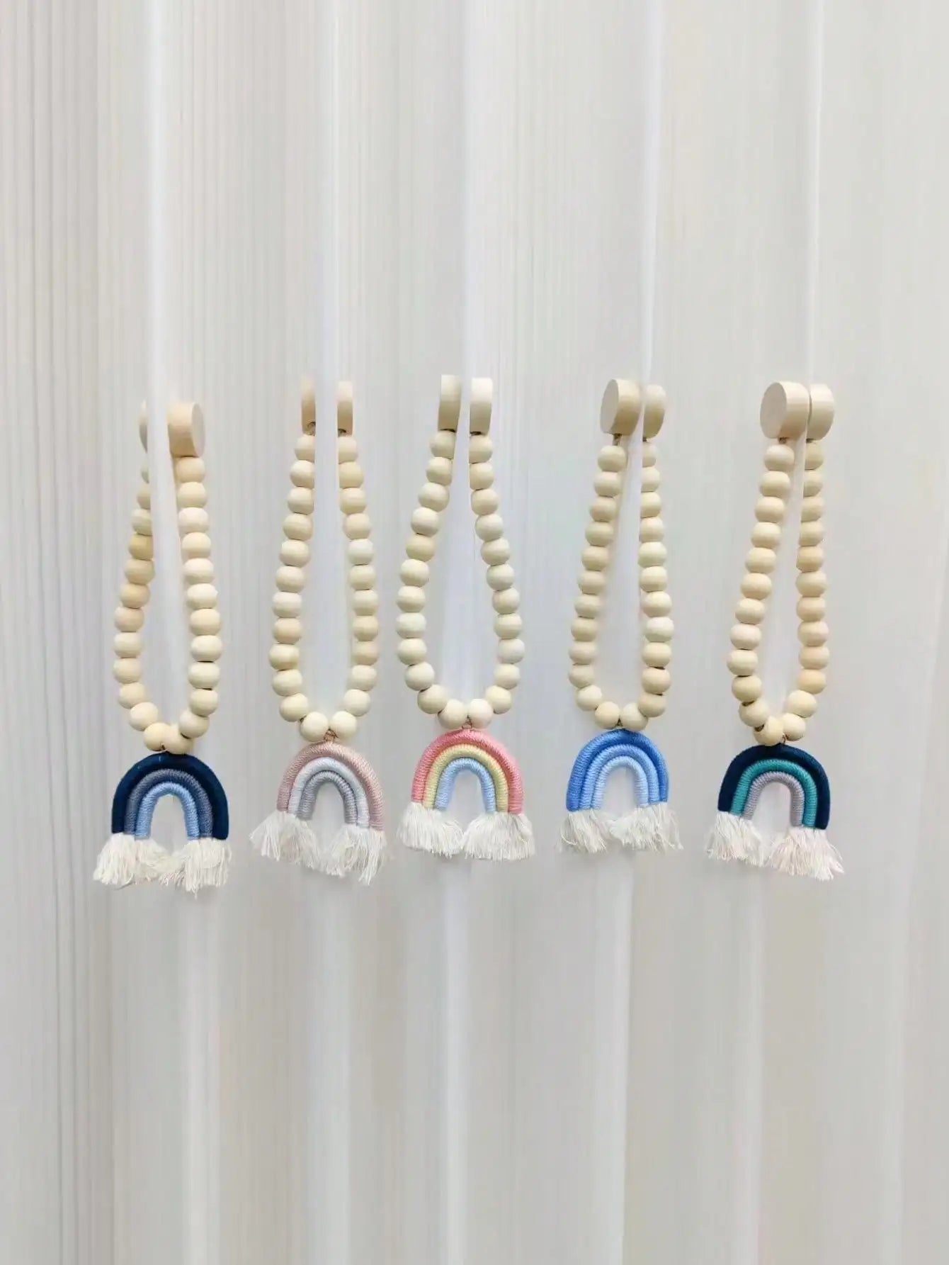 🌈 Magnetic Rainbow Curtain Tiebacks – Wooden Bead & Hemp Rope Holdbacks for Boho Home Decor