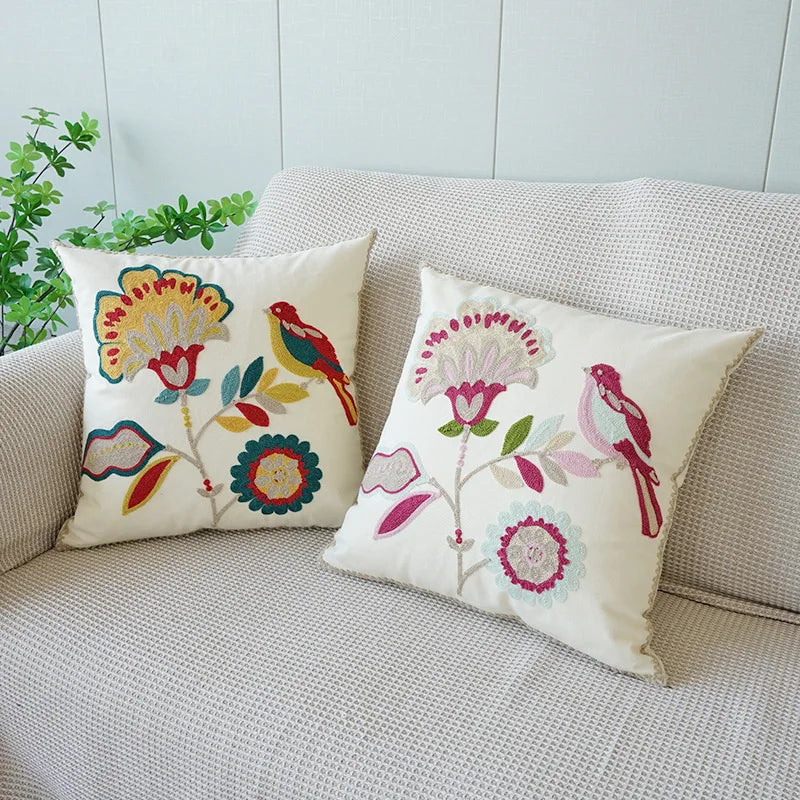 Embroidered Flower Throw Pillow Cover – Plant Design Decorative Cushion for Sofa, Chair & Bed