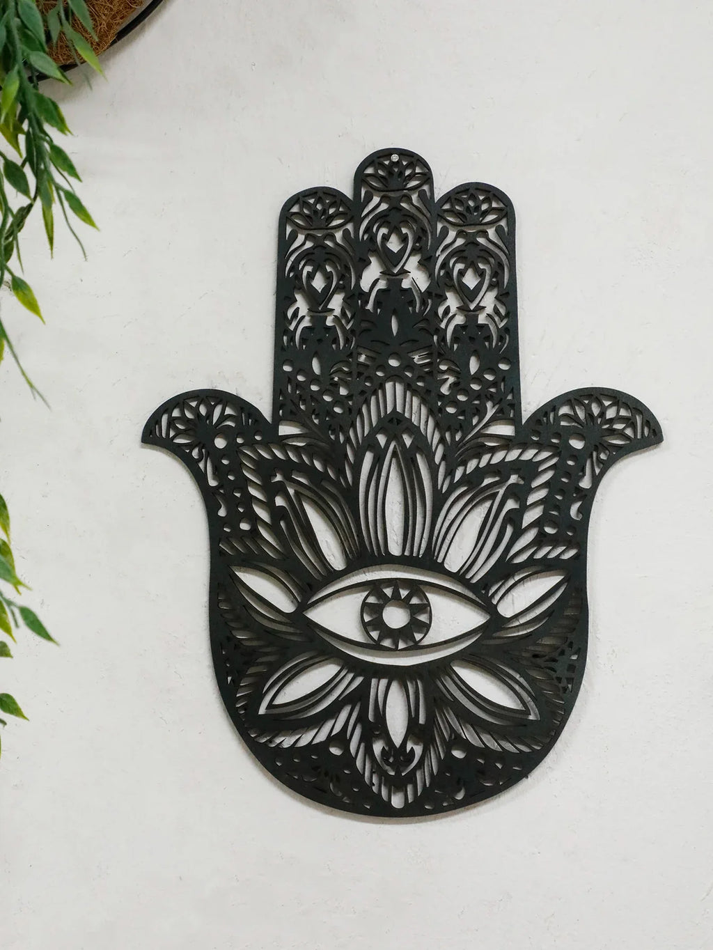 Wooden Gothic Hamsa Hand Wall Hanging – Evil Eye Ornament for Boho Home Decor, Dorm, or Table Display
