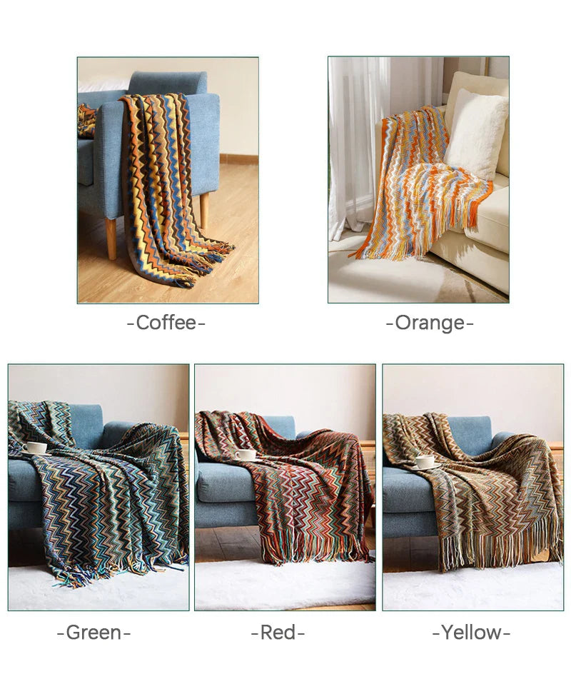 Boho Woven Throw Blanket – Zigzag Stripes with Tassels, Soft & Lightweight Decorative Blanket