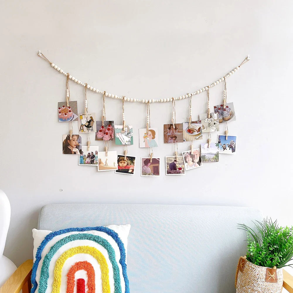 Boho Wall Hanging Photo Display with Wooden Beads & Clips