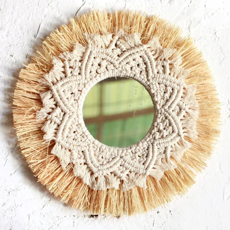 Boho Macrame Wall Art – Woven Straw & Cotton Rope Round Mirror, Clock & Wall Art| Nordic Wedding Decor & Boho Home Accent