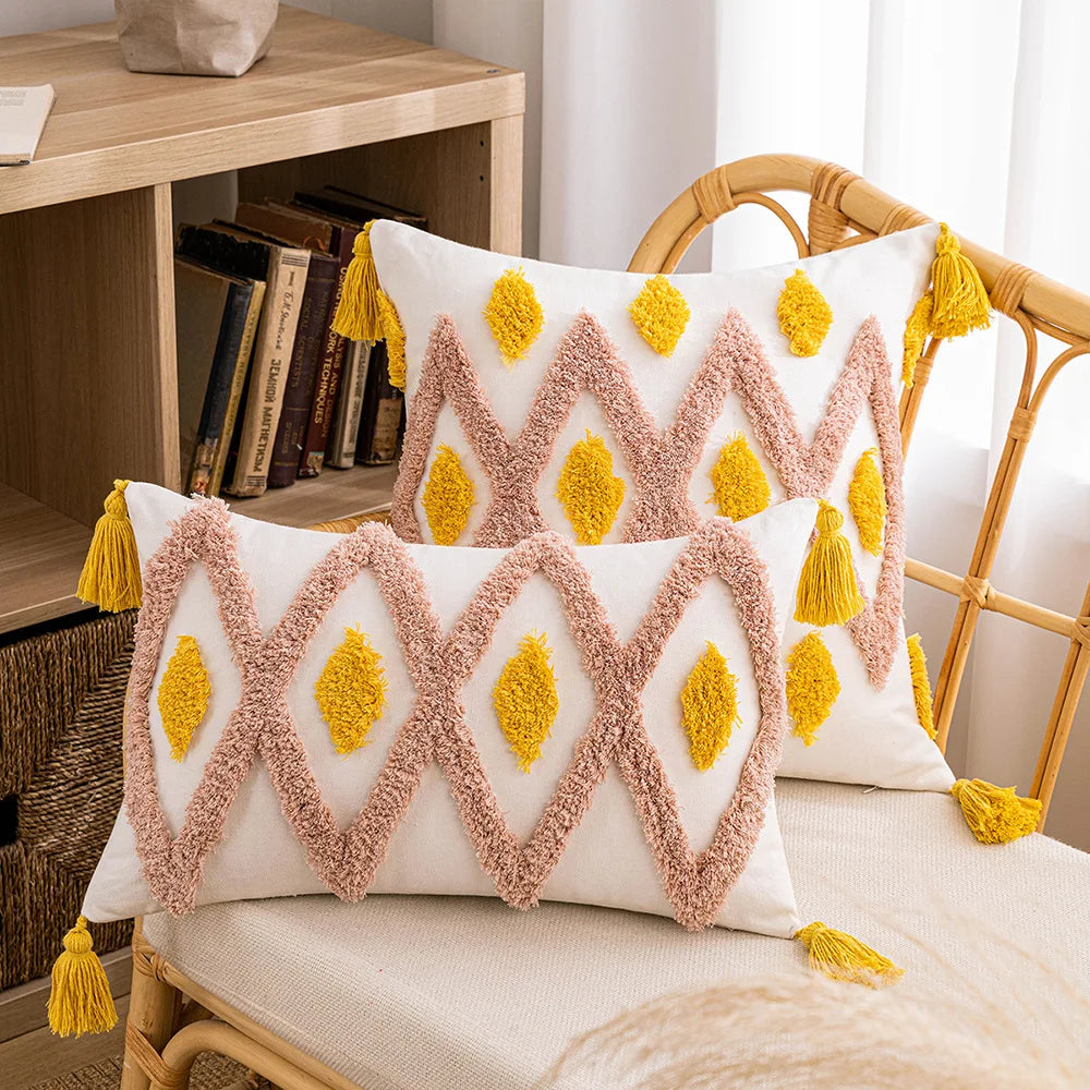 Tufted Bohemian Throw Pillow Cover – Geometric Embroidered Cushion with Tassels