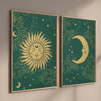Celestial Green & Gold Sun + Moon Canvas Wall Art