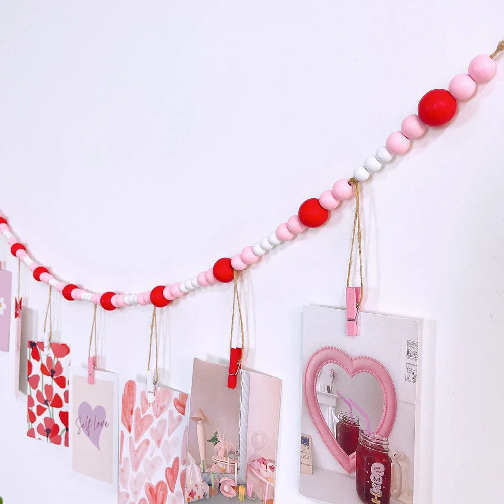 Boho Wall Hanging Photo Display with Wooden Beads & Clips
