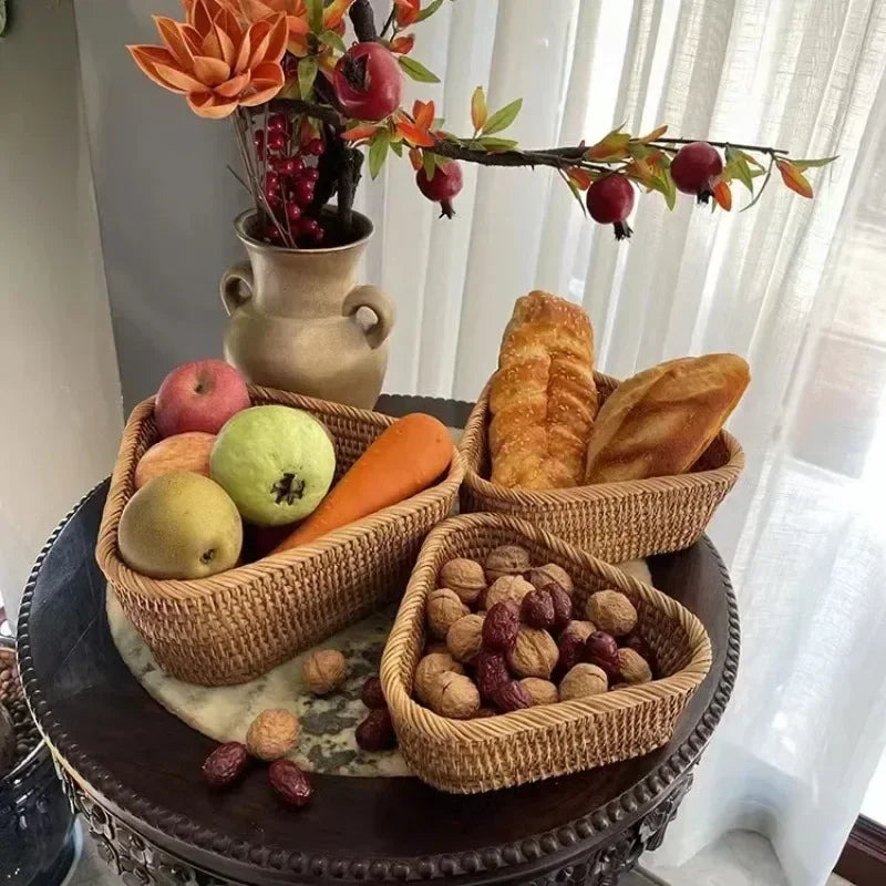 Handwoven Rectangular Rattan Basket – Boho Wicker Storage Bin for Fruit, Snacks, Tea, Bread, or Home Organization