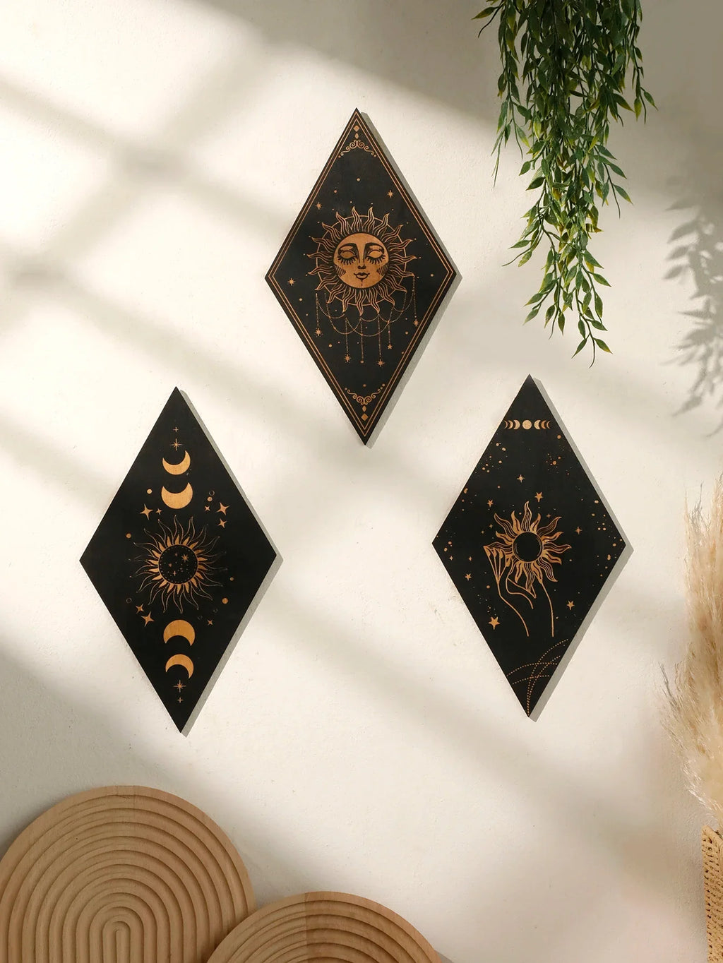 🌙 Wooden Witchy Wall Hanging – Gothic Moon, Sun, Stars & Snake Boho Decor for Mystical Bedrooms & Crafty Corners