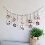Boho Wall Hanging Photo Display with Wooden Beads & Clips