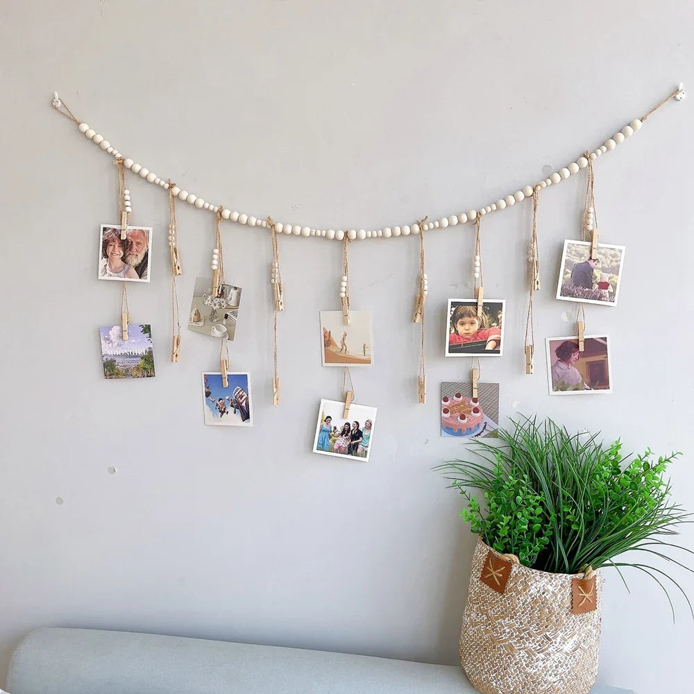 Boho Wall Hanging Photo Display with Wooden Beads & Clips